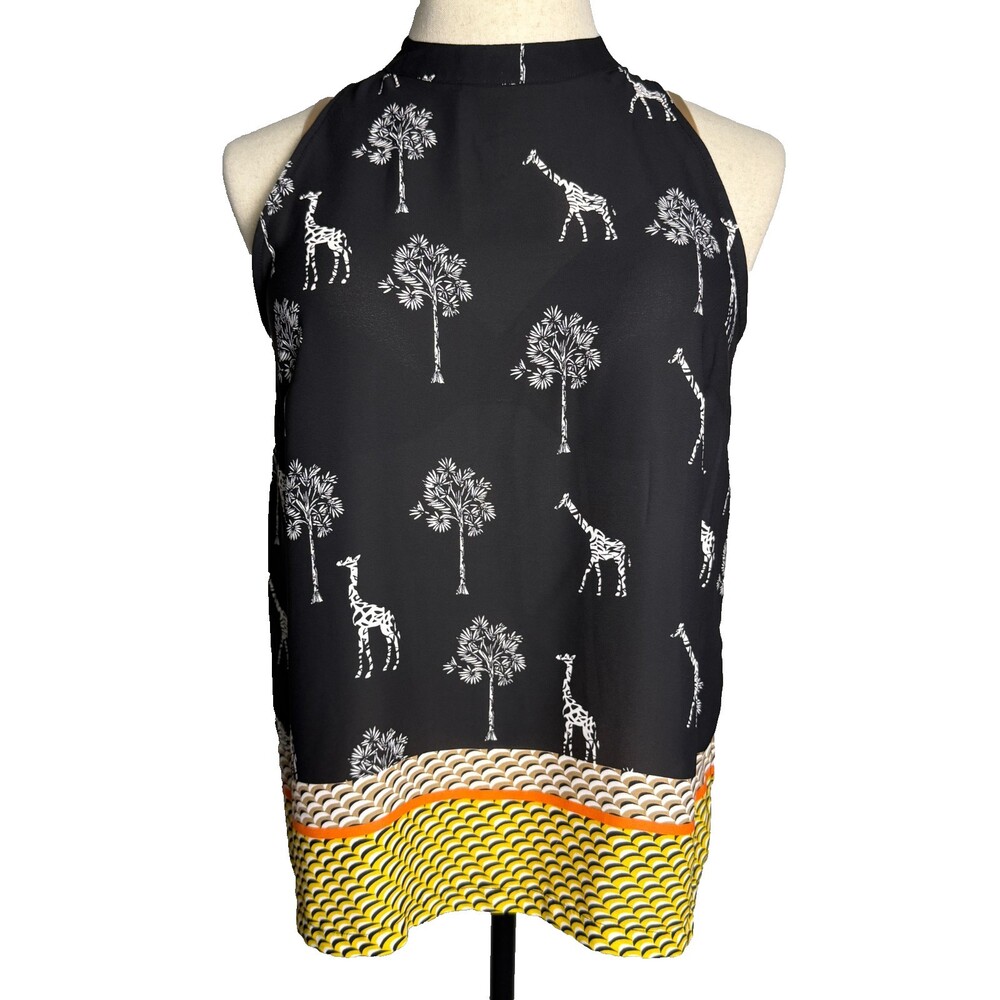 Worthington Women's Halter Neck Blouse Large Black White Giraffe Safari Top